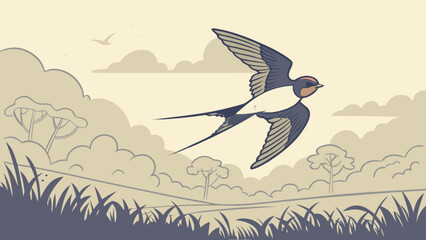 A swallow bird flying over a grassy field with trees and clouds in the background on a sunny day scene