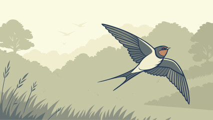 A swallow flying across a misty landscape with trees and grass in the foreground in a simple style