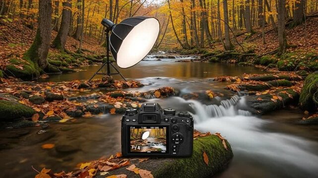 Behind the scenes: Photographing a tranquil autumn forest stream with softbox lighting