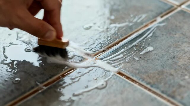 Manual grout brushing captured in medium shot featuring detailed scrubbing of grout with a small brush to maintain tile integrity and prevent mold growth.