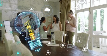 Group clustering at table, woman placing tablet causing hologram bulb for tech collaboration - Powered by Adobe