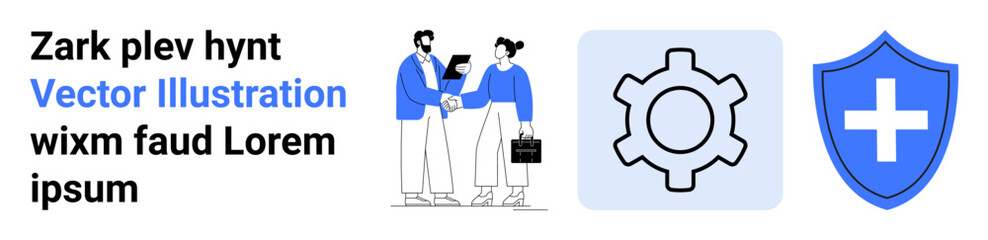 Obraz premium Two professionals shaking hands, setting symbol representing configuration, and shield icon symbolizing security and trust. Ideal for teamwork, business agreement, collaboration, security