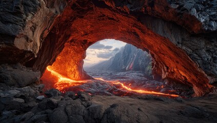 Fototapeta premium Lava flows through a volcanic archway