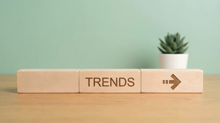 Wooden blocks with the word trends and an arrow pointing forward, representing the concept of future business direction