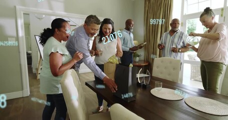 Woman reaching into bag, opening gift at party, group chatting at table, data overlaying marketing - Powered by Adobe