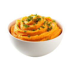 Delicious mashed sweet potatoes with parsley in a white ceramic bowl isolated on transprint background