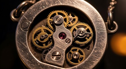 Intricate golden gears of a vintage steampunk clockwork mechanism.