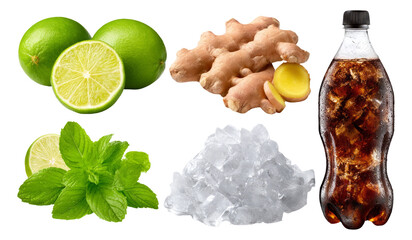 Fresh Ingredients for Cocktail Preparation Featuring Lime, Mint, Ginger, and Soda