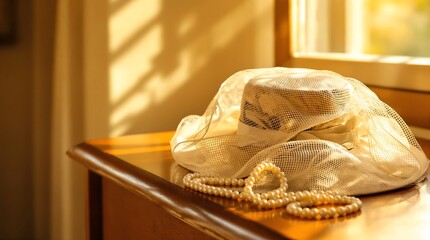 Elegant woman's hat and pearl necklace on dresser in sunlight