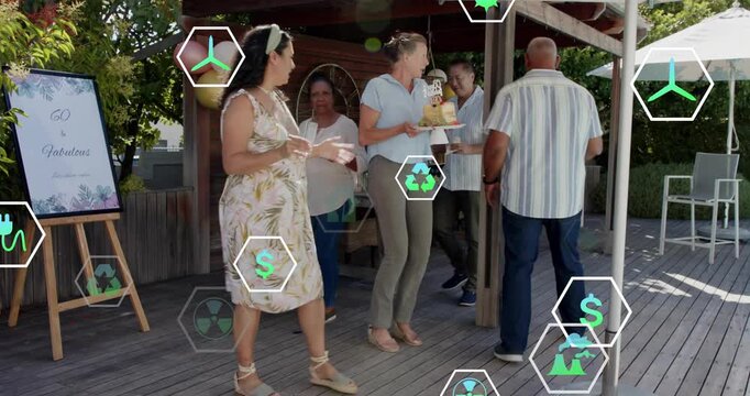 Host holding flute stepping aside as server approaching for milestone event hex overlaying balloons