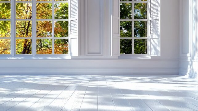 A bright white room interior with large windows overlooking a vibrant autumn landscape. Sunlight streams through the windows, creating shadows on the wooden flo