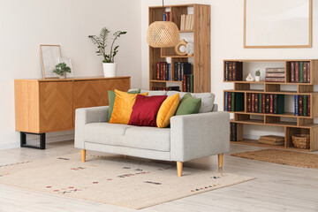Interior of living room with sofa, chest of drawers and book shelves near white wall