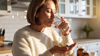 A woman in a kitchen drinks water with pills in hand, sunlight is streaming in - Powered by Adobe