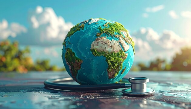 World Health Day. Global Health Awareness Concept Handmade Globe inside Stethoscope.