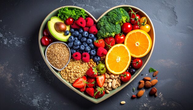 A vibrant photo showcasing a heartshaped bowl filled with nutritious diet foods, including fresh fruits, vegetables, and whole grains, promoting heart health and cardiovascular wellness