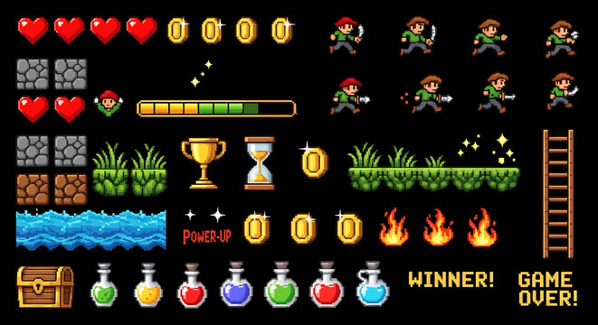 A set of retro 8-bit pixel art video game elements including a character sprite, icons, and platformer tiles