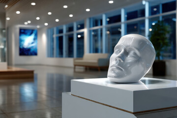 A contemporary artistic sculpture representing a human face, elegantly crafted to evoke emotions and provide an introspective atmosphere in any curated art space.