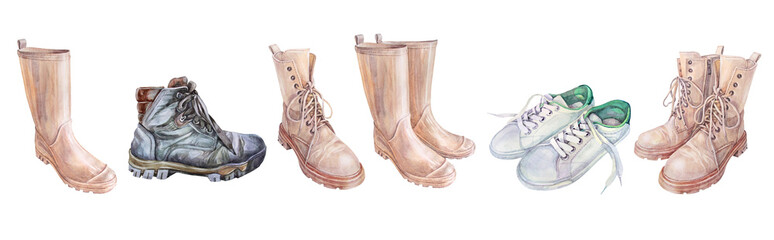 Watercolor set with beige rubber boots isolated on white background. Shoes for summer or spring rainy walk. Autumn waterproof outfit. Protection wellingtons for work in garden. Clipart for wallpaper