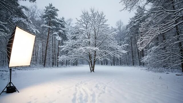 Illuminating Winter Wonderland: Softbox Lighting Forest During Snowy Season