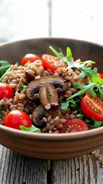 Healthy Grain Salad Bowl with Roasted Mushrooms Fresh Cherry Tomatoes and Arugula Delicious Vegan Vegetarian Meal for a Wholesome Diet