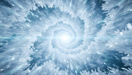 Frozen Ice Spiral Warp Tunnel of Swirling Frost Crystals Rushing Toward Bright White Light, Cinematic Cold Winter Abstract Background Motion Depth