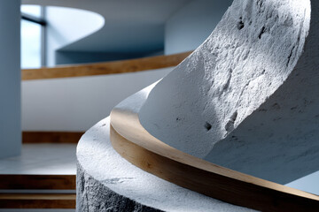 A modern spiral staircase featuring smooth curves and elegant wooden accents, combining architectural beauty with functionality in a well-lit indoor space.