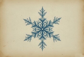 Intricate Vintage Etching Snowflake Ornament in Blue on Textured Aged Paper Background with Copy Space