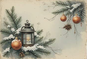 Vintage Christmas Watercolor Lantern and Snowy Pine Boughs with Golden Ornaments, Festive Holiday Background with copy space

