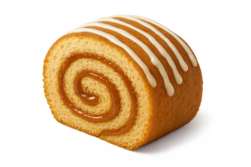 Swiss roll cake with a creamy caramel filling and white icing drizzle, sweet dessert on clear background