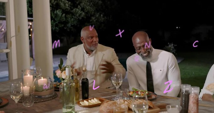 Beige-jacket man starting story, amusing diners, gesturing, tasting as man in tie laughing, candles
