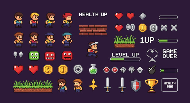 Pixelated Game Assets Character Sprites, Power-Ups, and Environment Elements for Retro Gaming