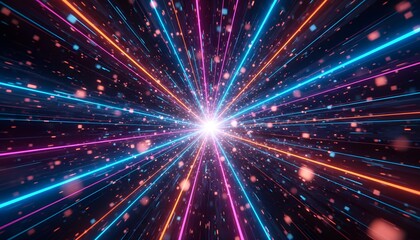 Multicolor Radiant Starburst Light Speed Rays Explosion Background with Neon Streaks and Bright Center Flash Futuristic Cosmic Atmospheric Abstract Effect