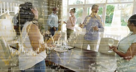 Group at table raising wine glasses for toast after man gesturing, finance overlay scrolling - Powered by Adobe