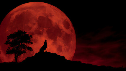 A Lone Wolf's Primal Cry Before a Colossal Blood Moon