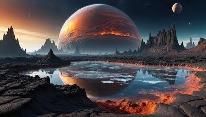 Obraz premium Cosmic vista of a colossal glowing world reflected in an extraterrestrial lake