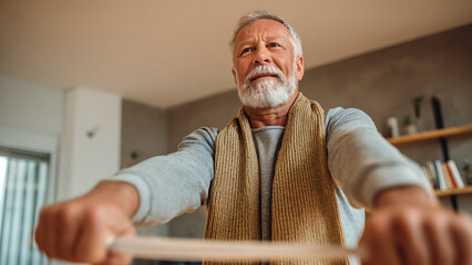 Active Senior's Determined Gaze: Low-Angle View of a Home Workout with a Band