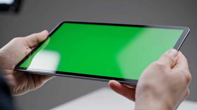 Person holding a tablet with a green screen display for easy customization and integration into digital projects showcasing modern technology and interactive media use