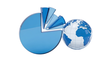 Blue Glass 3D Data Visualization Pie Chart and Globe, isolated on white
