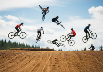 Obraz premium Dynamic mountain bike jump sequence over dirt track with clear foreground for extreme sports banner designs and energetic outdoor promotion layouts