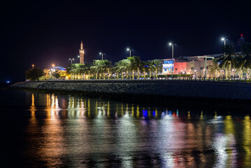 Abu Dhabi shoreline illuminated at night