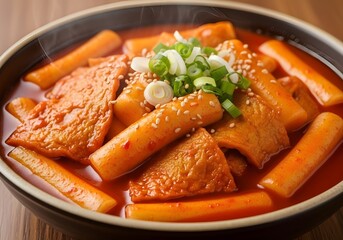 Picture Spicy Korean Tteokbokki Bowl, Authentic Korean Topokki Street Food, Hot and Spicy Tteokbokki Close-Up, Traditional Korean Rice Cake Dish, Cheesy Tteokbokki with Sauce
