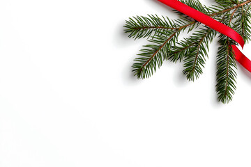 Obraz premium Fir branch with red ribbon on a white background in the upper right corner