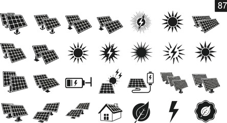 Solar Energy Icons Set Sustainable Power and Renewable Resources.