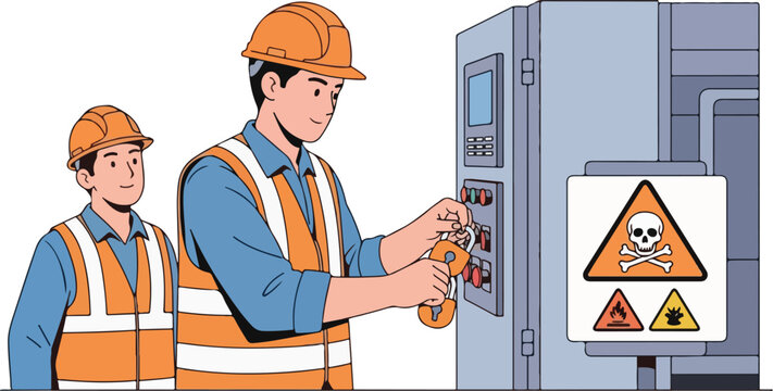 Two male workers in safety gear performing lockout tagout on industrial machinery.