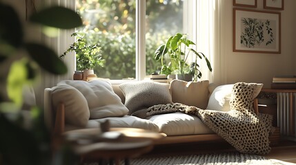 Living Room Sofa with Knitted Throws and Plants Keywords: living room, sofa, couch, Photo