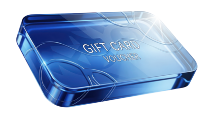 Blue Glass 3D Digital Gift Card and Voucher Design, isolated on white
