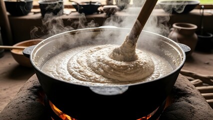 Traditional Cooking: A close-up view captures the essence of age-old culinary practices, featuring a steaming pot bubbling over an open fire, stirred with a wooden utensil.