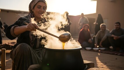Heartfelt Gathering: A woman skillfully stirs a bubbling pot of traditional food, sharing her culinary expertise within a community gathered in the warm glow of daylight.