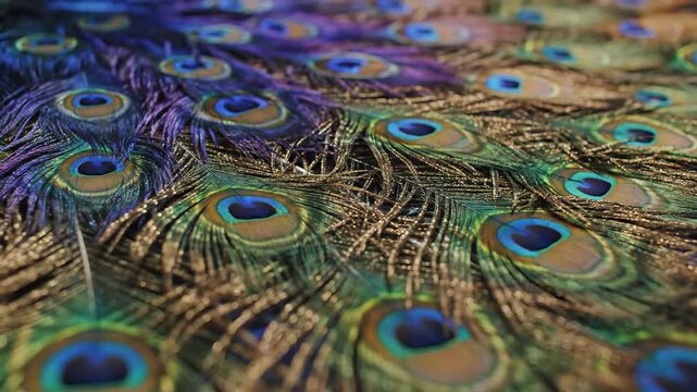 Abstract close up of exotic bird feather pattern with iridescent colors and eye shapes