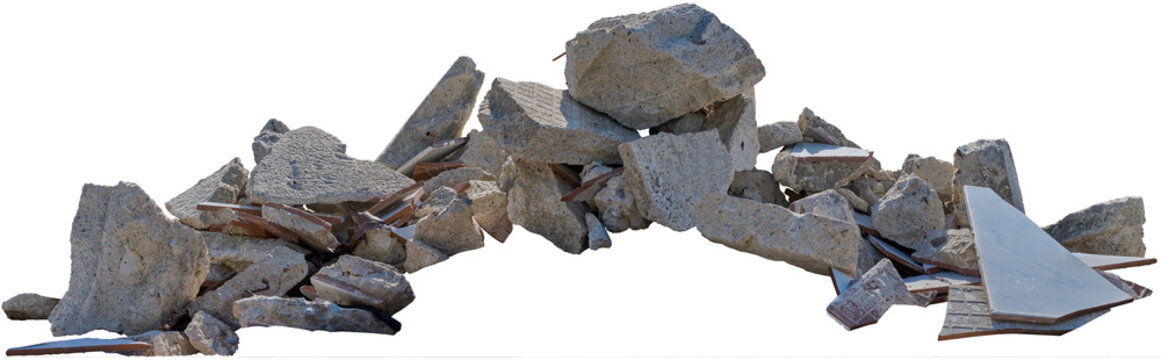 A large pile of rubble consisting of various sizes of broken concrete pieces, ideal for construction or recycling purposes. isolated on white background.